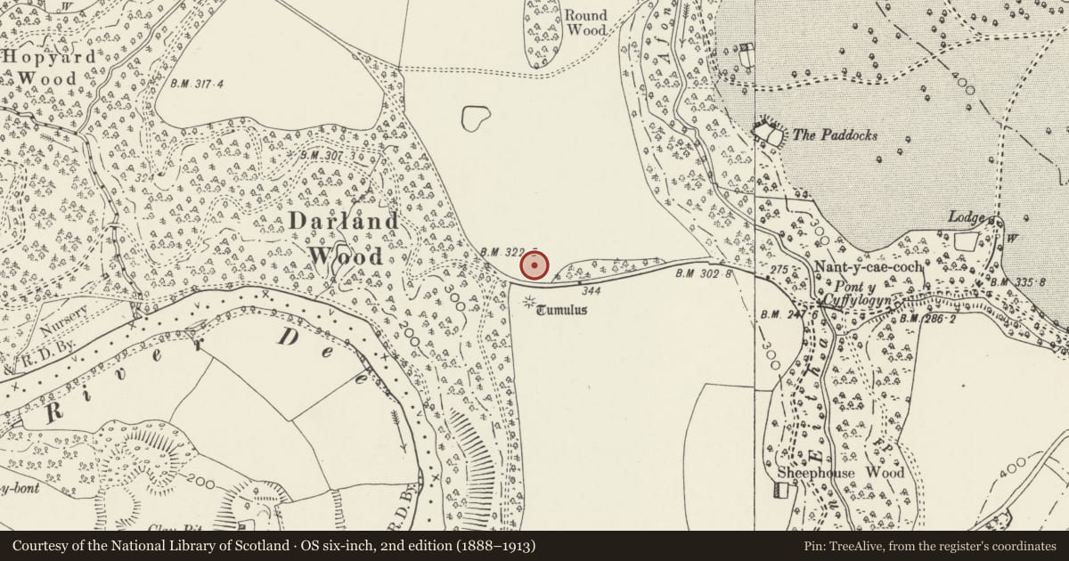 Ordnance Survey six-inch map, 2nd edition (1888–1913) covering the location of Darland Wood Round Barrows, Ruabon, Wrexham, with a pin at the register's coordinates