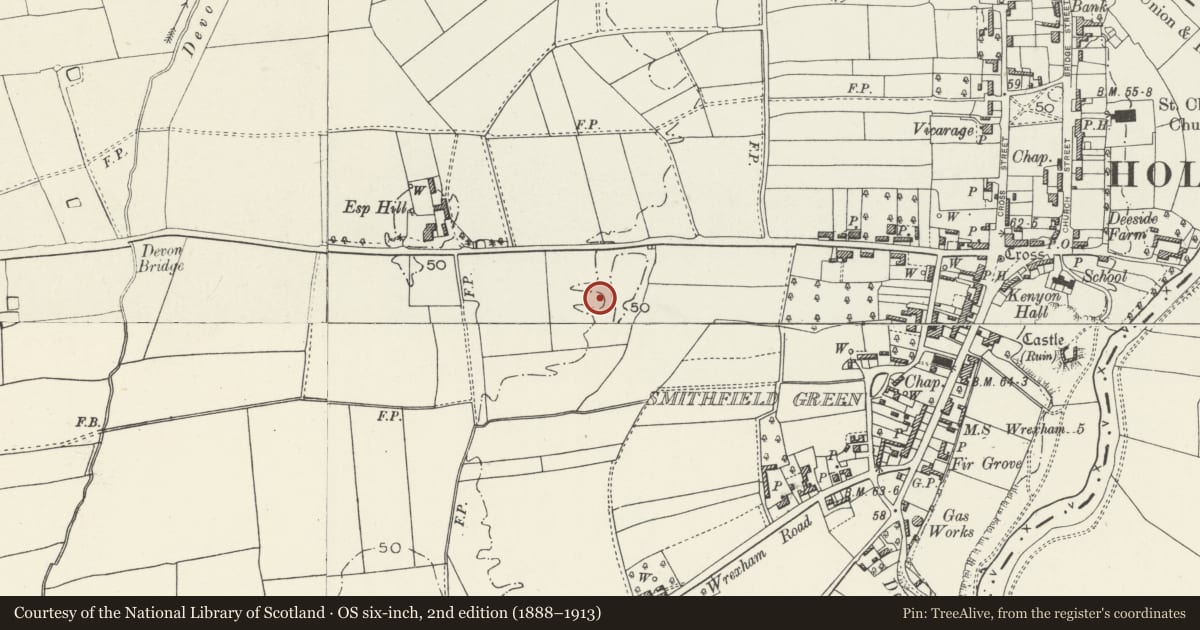 Ordnance Survey six-inch map, 2nd edition (1888–1913) covering the location of Fishponds at Esp Hill, Holt, Wrexham, with a pin at the register's coordinates