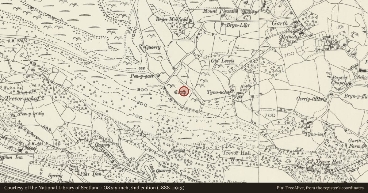 Ordnance Survey six-inch map, 2nd edition (1888–1913) covering the location of Pen y Gaer Hillfort, Llangollen Rural, Denbighshire, with a pin at the register's coordinates