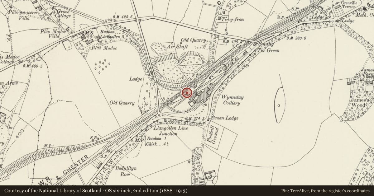Ordnance Survey six-inch map, 2nd edition (1888–1913) covering the location of Wynnstay Colliery Walker Fan House, Ruabon, Wrexham, with a pin at the register's coordinates