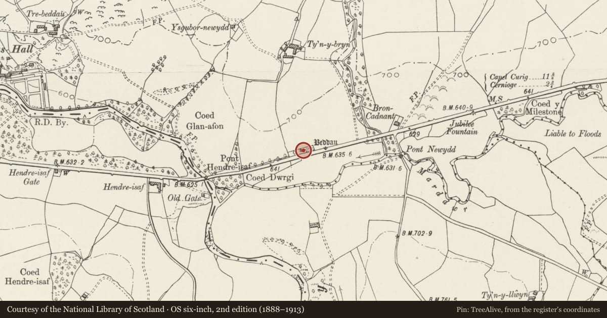 Ordnance Survey six-inch map, 2nd edition (1888–1913) covering the location of Dol Tre Beddau: Site of Discovery of Brohomaglus Stone, Pentrefoelas, Conwy, with a pin at the register's coordinates