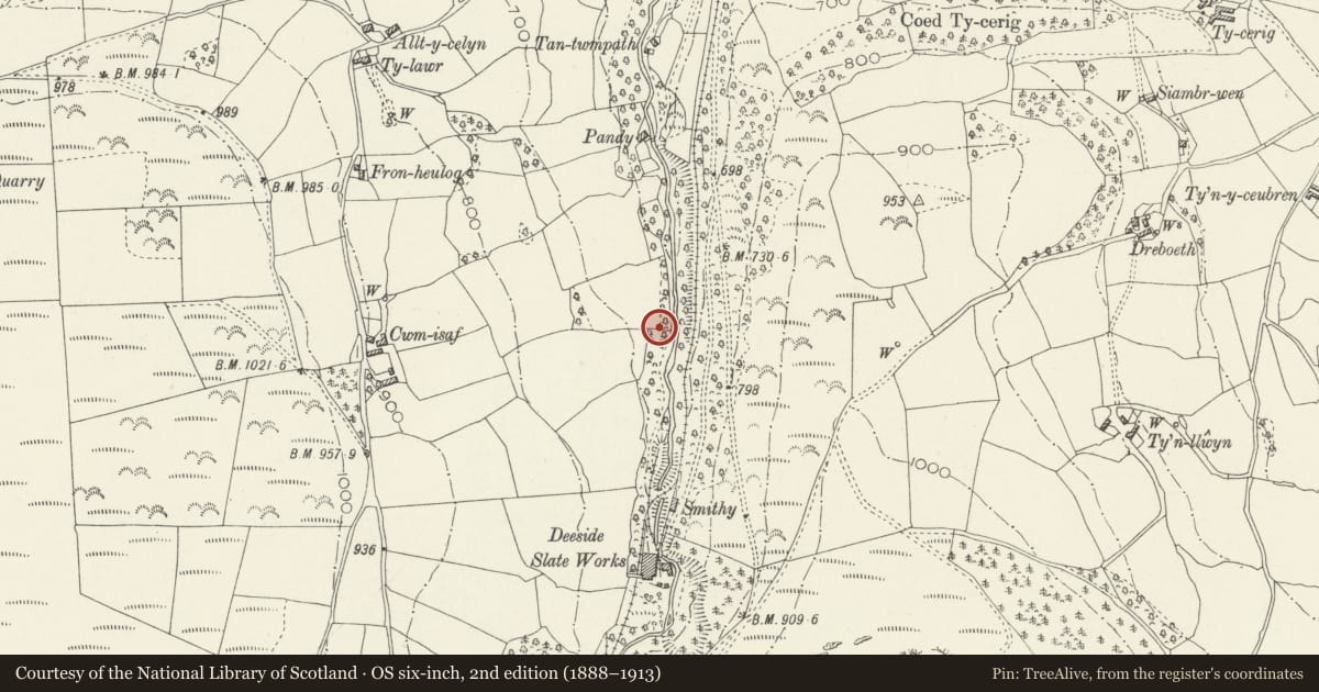 Ordnance Survey six-inch map, 2nd edition (1888–1913) covering the location of Deeside Slateworks, Corwen, Denbighshire, with a pin at the register's coordinates