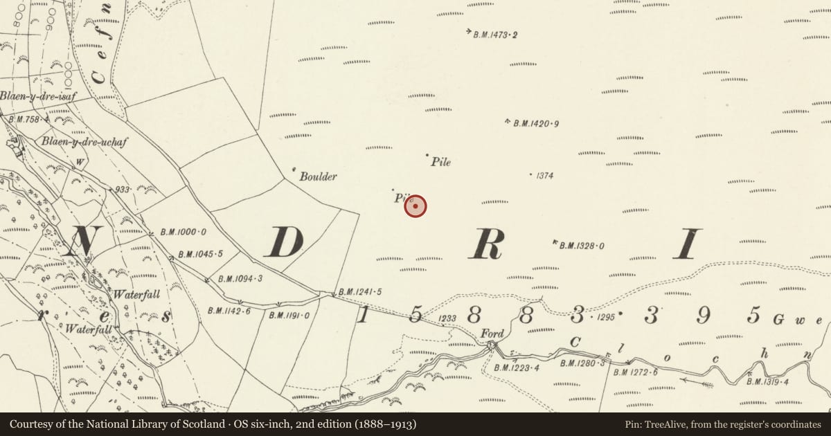 Ordnance Survey six-inch map, 2nd edition (1888–1913) covering the location of Gwern Wynodl Hafod, Llandrillo, Denbighshire, with a pin at the register's coordinates