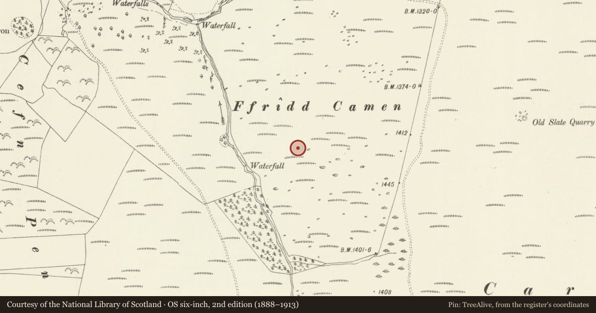 Ordnance Survey six-inch map, 2nd edition (1888–1913) covering the location of Ffridd Camen Hafodydd, Llandrillo, Denbighshire, with a pin at the register's coordinates