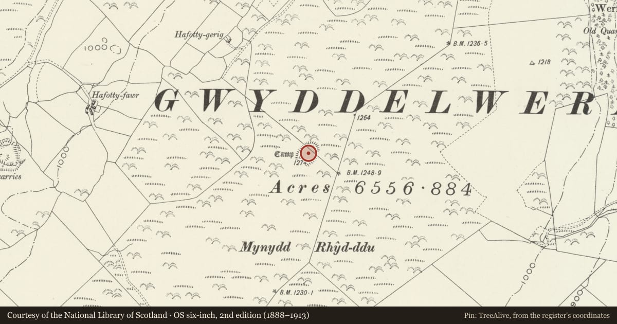 Ordnance Survey six-inch map, 2nd edition (1888–1913) covering the location of Mynydd Rhyd Ddu Enclosure, Betws Gwerfil Goch, Denbighshire, with a pin at the register's coordinates