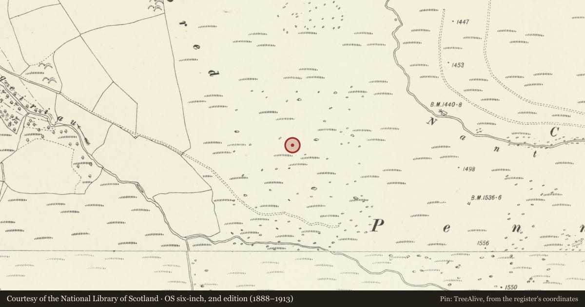 Ordnance Survey six-inch map, 2nd edition (1888–1913) covering the location of Cefn Penagored Ridge Cairns, Llandrillo, Denbighshire, with a pin at the register's coordinates