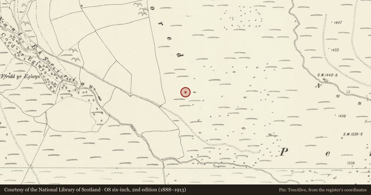 Ordnance Survey six-inch map, 2nd edition (1888–1913) covering the location of Cefn Penagored Cairn and Ring Cairn, Llandrillo, Denbighshire, with a pin at the register's coordinates