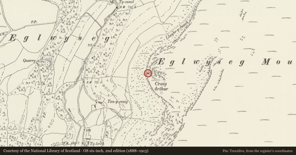 Ordnance Survey six-inch map, 2nd edition (1888–1913) covering the location of Craig Arthur Kerb Cairn, Llantysilio, Denbighshire, with a pin at the register's coordinates