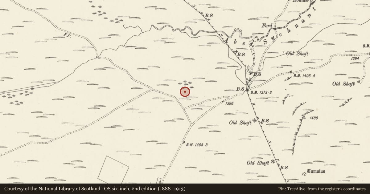 Ordnance Survey six-inch map, 2nd edition (1888–1913) covering the location of Abersychnant Cairn, Llandegla, Denbighshire, with a pin at the register's coordinates