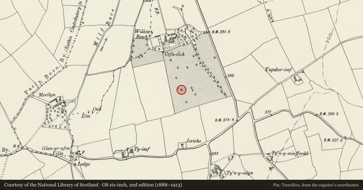 Ordnance Survey six-inch map, 2nd edition (1888–1913) covering the location of Cefn Coch Tumulus, Llanfair Dyffryn Clwyd, Denbighshire, with a pin at the register's coordinates