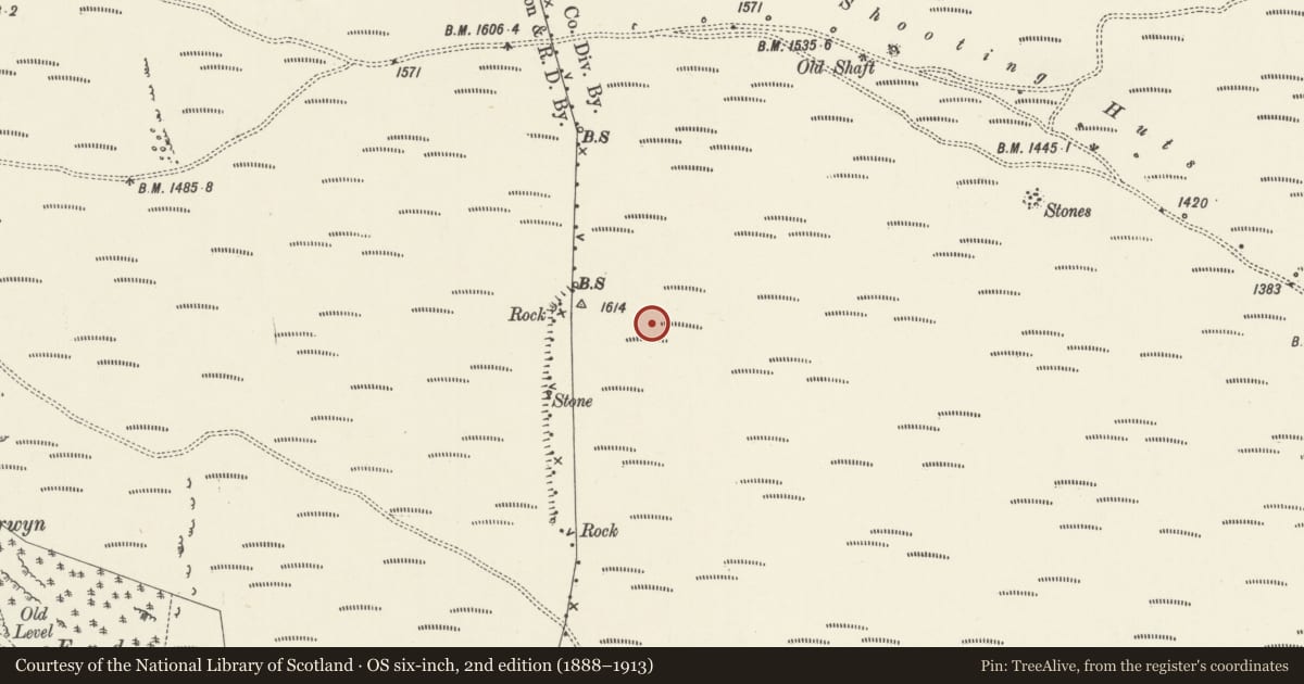 Ordnance Survey six-inch map, 2nd edition (1888–1913) covering the location of Penycae Cairn, Wrexham, with a pin at the register's coordinates