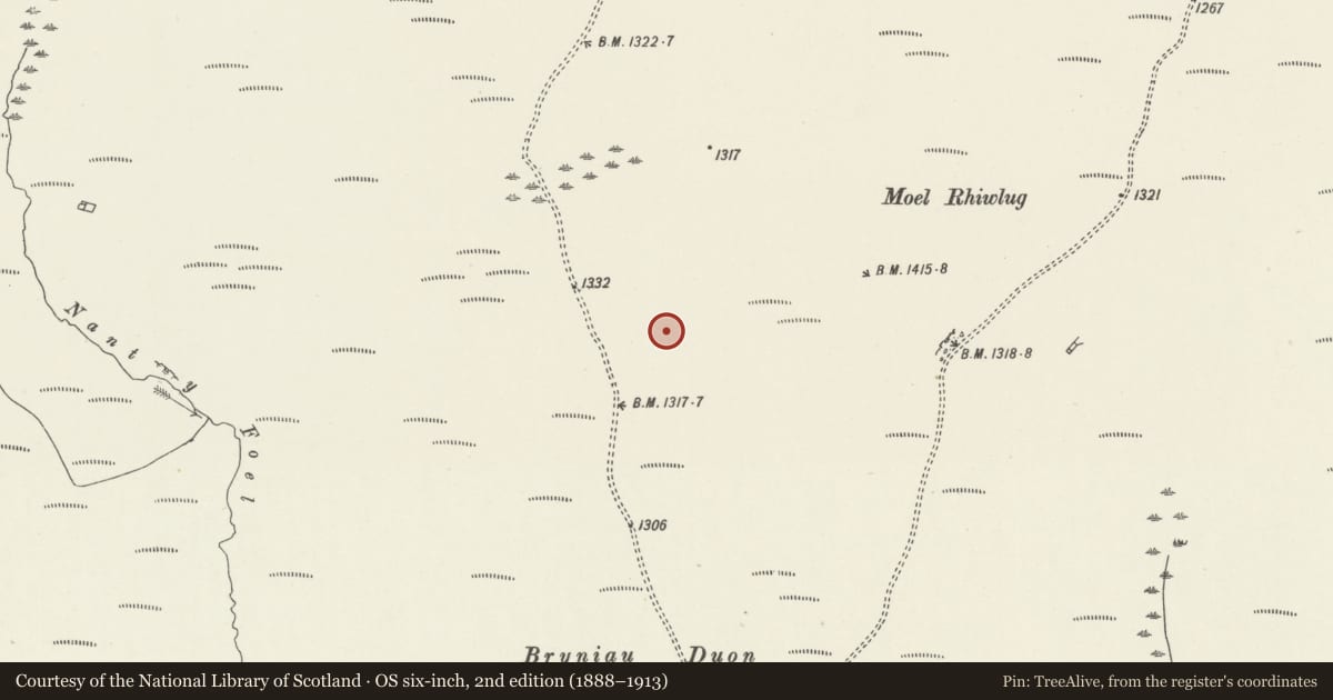 Ordnance Survey six-inch map, 2nd edition (1888–1913) covering the location of Moel Rhiwlug Cist Cairn, Pentrefoelas, Conwy, with a pin at the register's coordinates