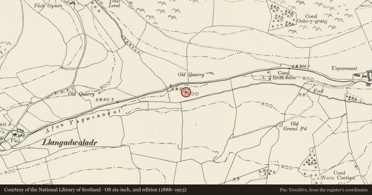 Ordnance Survey six-inch map, 2nd edition (1888–1913) covering the location of Ysgwennant Barrow, Llansilin, Powys, with a pin at the register's coordinates