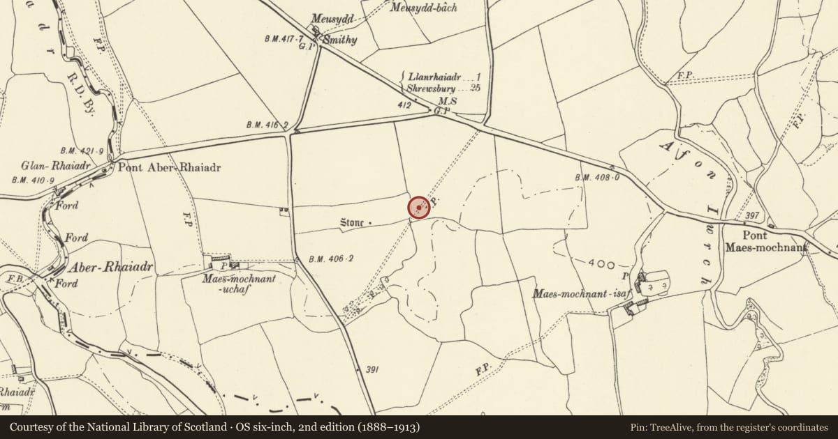 Ordnance Survey six-inch map, 2nd edition (1888–1913) covering the location of Maes Mochnant Isaf Round Barrow, Llanrhaeadr-ym-Mochnant, Powys, with a pin at the register's coordinates