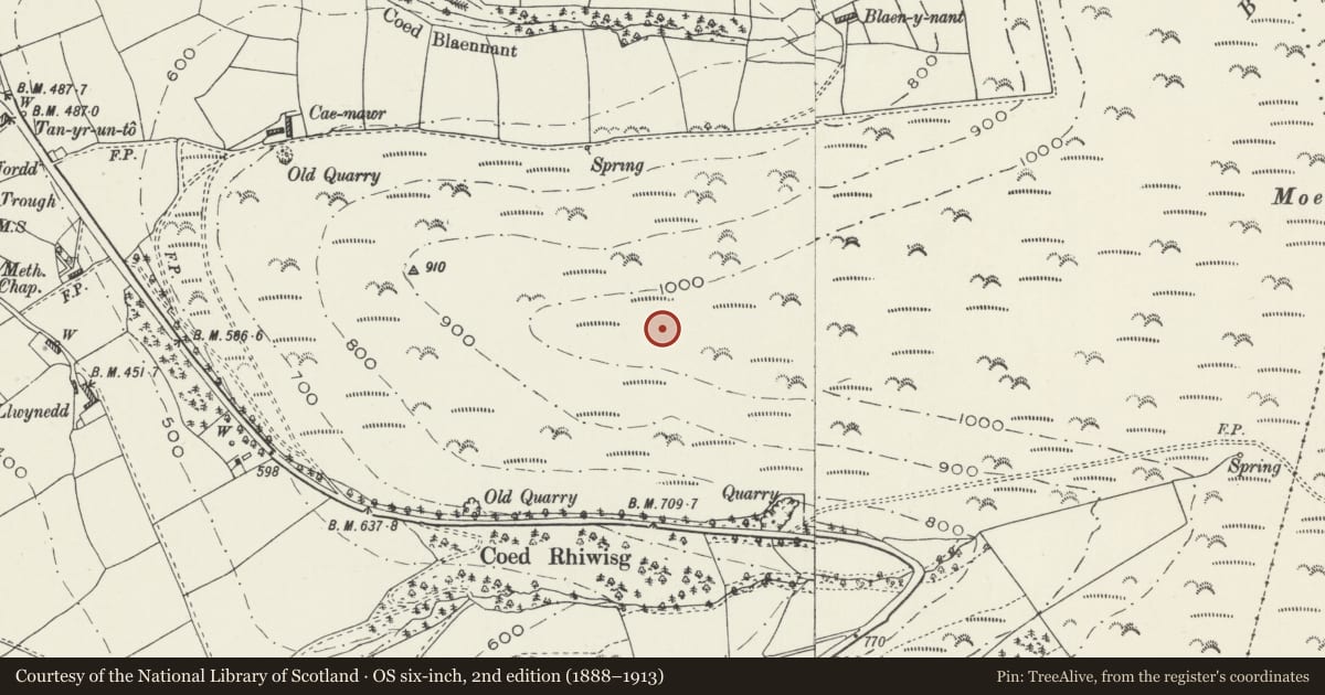 Ordnance Survey six-inch map, 2nd edition (1888–1913) covering the location of Moel Eithinen Round Barrow, Llanbedr Dyffryn Clwyd, Denbighshire, with a pin at the register's coordinates