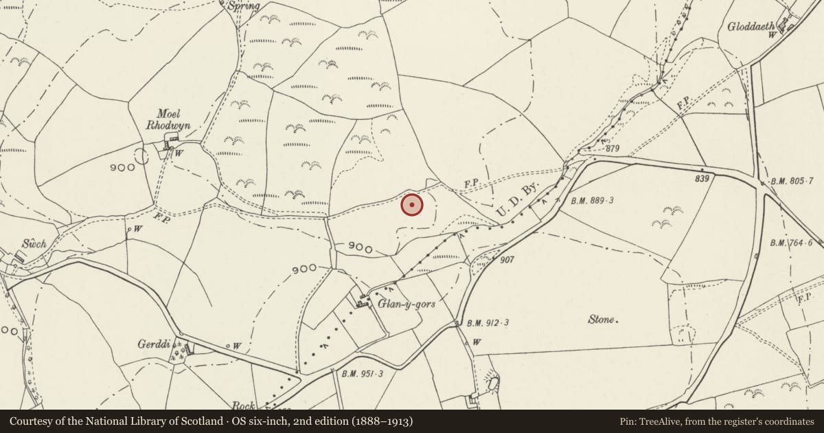 Ordnance Survey six-inch map, 2nd edition (1888–1913) covering the location of Round Barrow WSW of Corby, Betws Yn Rhos, Conwy, with a pin at the register's coordinates