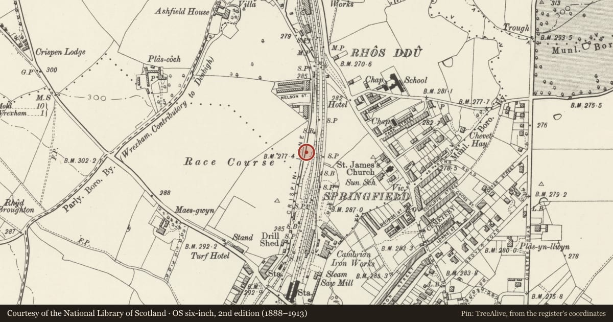 Ordnance Survey six-inch map, 2nd edition (1888–1913) covering the location of Wat's Dyke at Crispin Lane, Wrexham, Rhosddu, Wrexham, with a pin at the register's coordinates