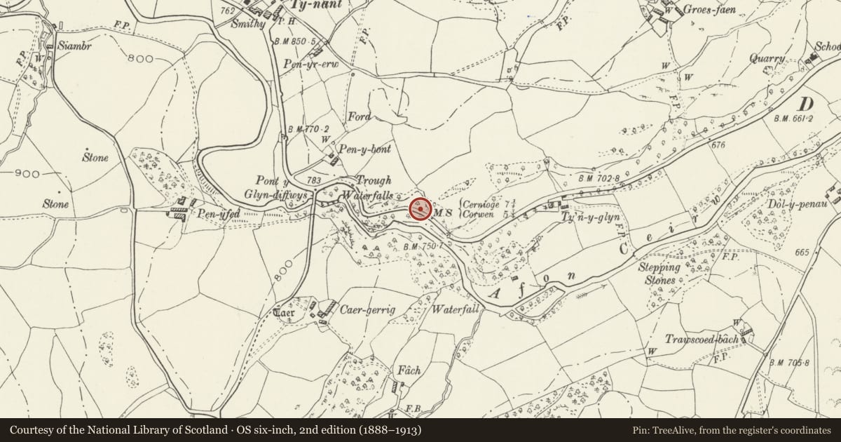 Ordnance Survey six-inch map, 2nd edition (1888–1913) covering the location of The Holyhead Road: Ty Nant section, Llangwm, Conwy, with a pin at the register's coordinates