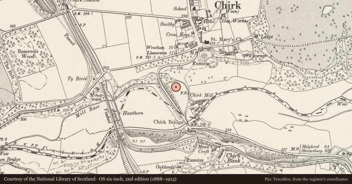 Ordnance Survey six-inch map, 2nd edition (1888–1913) covering the location of The Holyhead Road: the Chirk Embankment and earlier trackways, Wrexham, with a pin at the register's coordinates