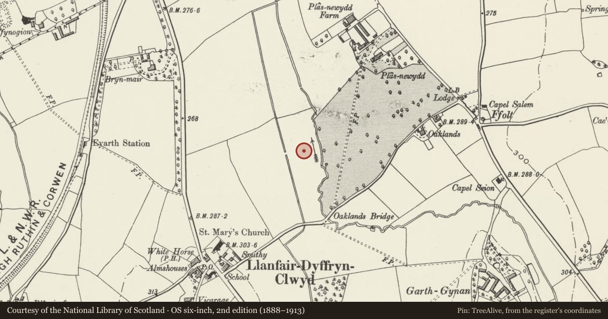 Ordnance Survey six-inch map, 2nd edition (1888–1913) covering the location of Plas-newydd Romano-British temple cropmark, Llanfair Dyffryn Clwyd, Denbighshire, with a pin at the register's coordinates