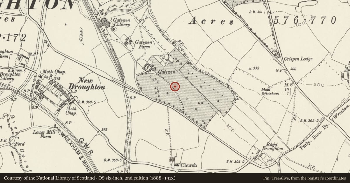 Ordnance Survey six-inch map, 2nd edition (1888–1913) covering the location of Gatewen Hall round barrow, Broughton, Wrexham, with a pin at the register's coordinates