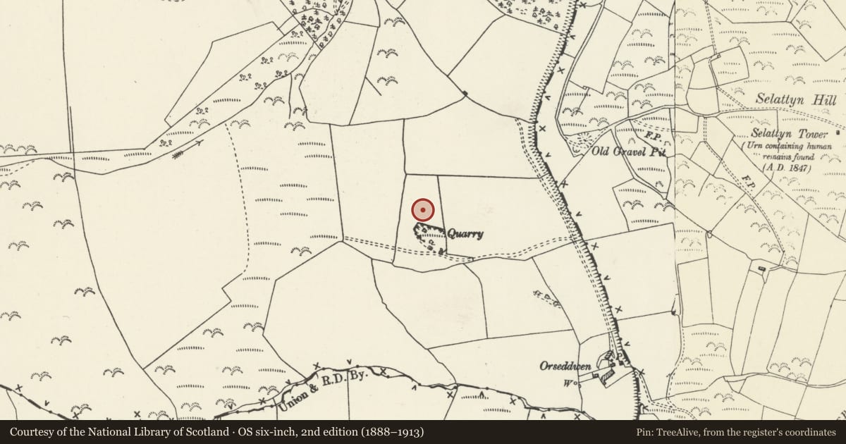 Ordnance Survey six-inch map, 2nd edition (1888–1913) covering the location of Orseddwen cairn, Glyntraian, Wrexham, with a pin at the register's coordinates