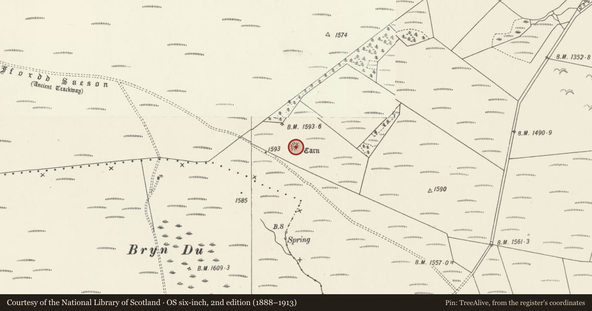 Ordnance Survey six-inch map, 2nd edition (1888–1913) covering the location of Bryn Du cairn, Llansantffraid Glyn Ceiriog, Wrexham, with a pin at the register's coordinates