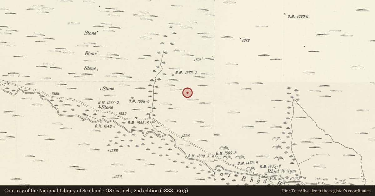 Ordnance Survey six-inch map, 2nd edition (1888–1913) covering the location of Pen-plaenau Roman marching camp, Ceiriog Ucha, Wrexham, with a pin at the register's coordinates