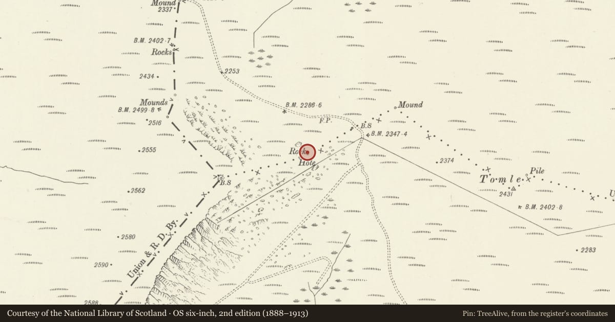 Ordnance Survey six-inch map, 2nd edition (1888–1913) covering the location of Round Cairn, Ceiriog Ucha, Powys, with a pin at the register's coordinates