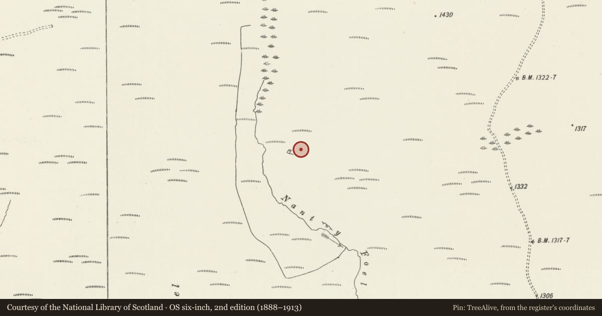 Ordnance Survey six-inch map, 2nd edition (1888–1913) covering the location of Nant y Foel long hut, Pentrefoelas, Conwy, with a pin at the register's coordinates