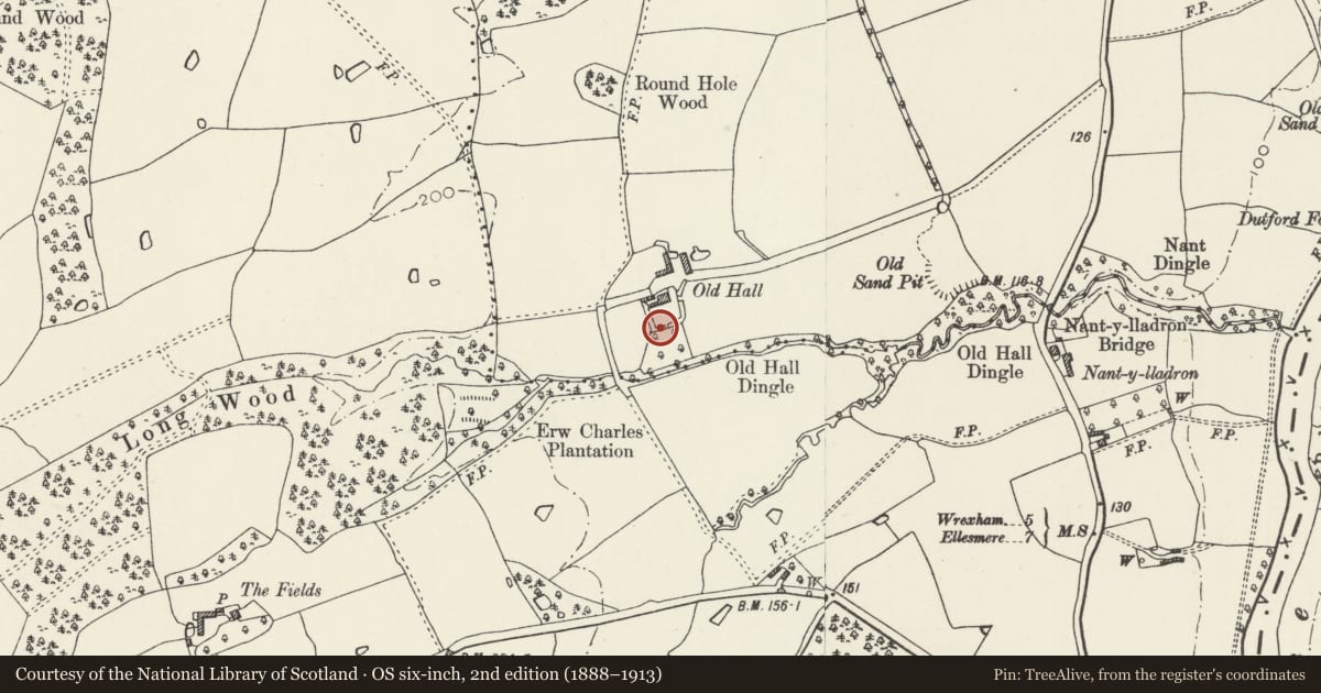 Ordnance Survey six-inch map, 2nd edition (1888–1913) covering the location of Eyton Old Hall Moat, Erbistock, Wrexham, with a pin at the register's coordinates