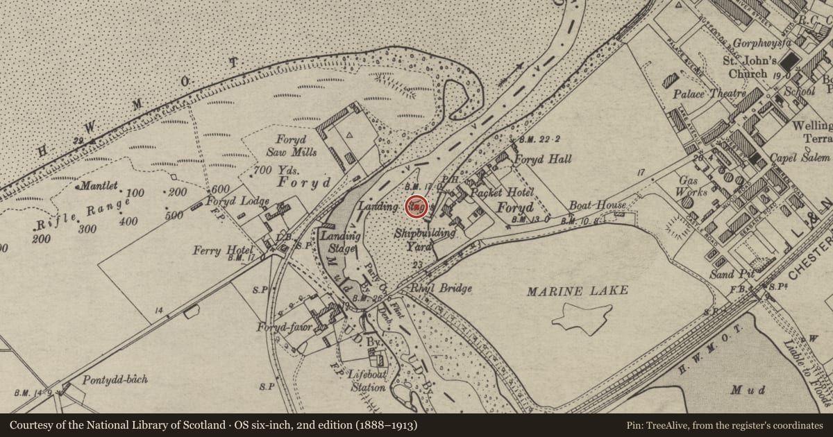 Ordnance Survey six-inch map, 2nd edition (1888–1913) covering the location of Wreck of the City of Ottawa, Rhyl Harbour, Denbighshire, with a pin at the register's coordinates