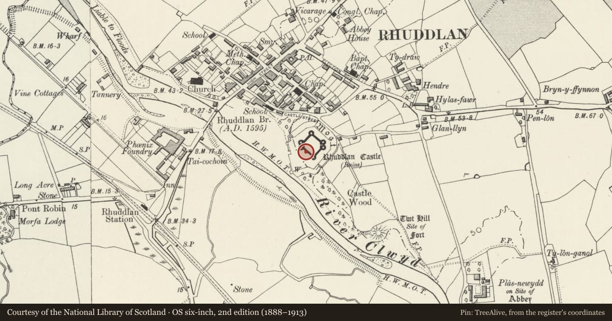 Ordnance Survey six-inch map, 2nd edition (1888–1913) covering the location of Castell Rhuddlan, Denbighshire, with a pin at the register's coordinates