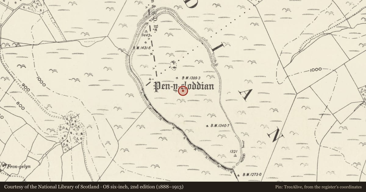 Ordnance Survey six-inch map, 2nd edition (1888–1913) covering the location of Pen-y-Cloddiau Camp, Ysceifiog, Denbighshire, with a pin at the register's coordinates