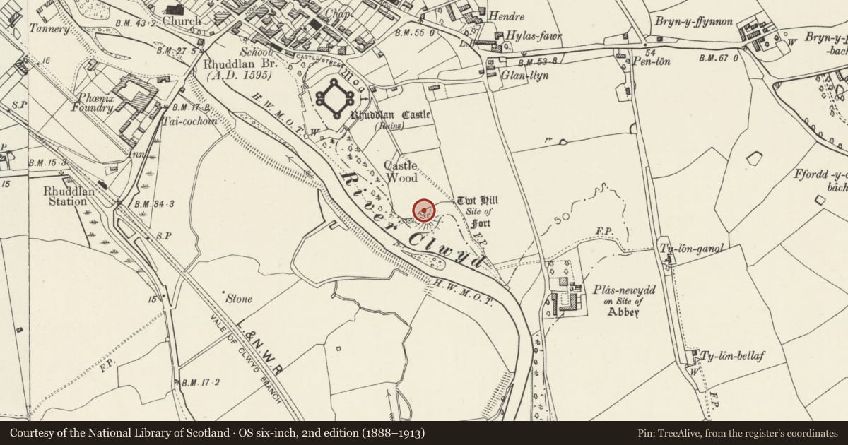 Ordnance Survey six-inch map, 2nd edition (1888–1913) covering the location of Twthill (Further and Additional Areas), Rhuddlan, Denbighshire, with a pin at the register's coordinates