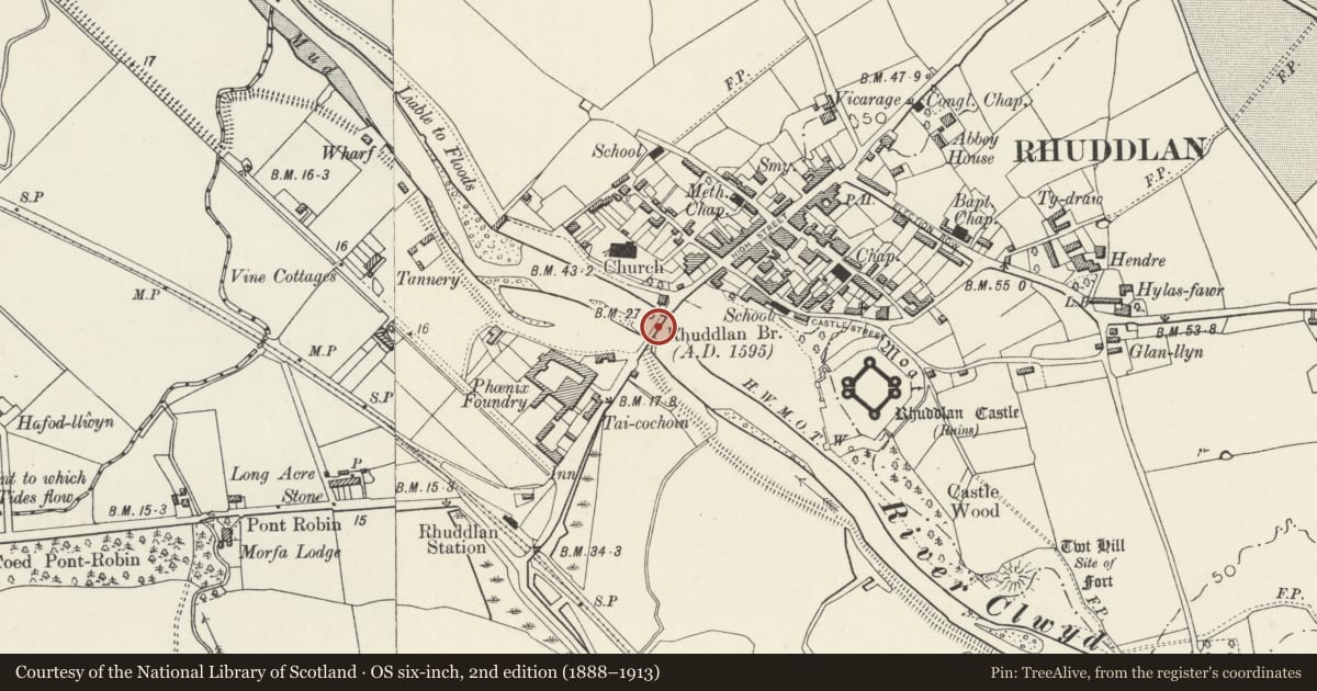 Ordnance Survey six-inch map, 2nd edition (1888–1913) covering the location of Rhuddlan Bridge, Denbighshire, with a pin at the register's coordinates