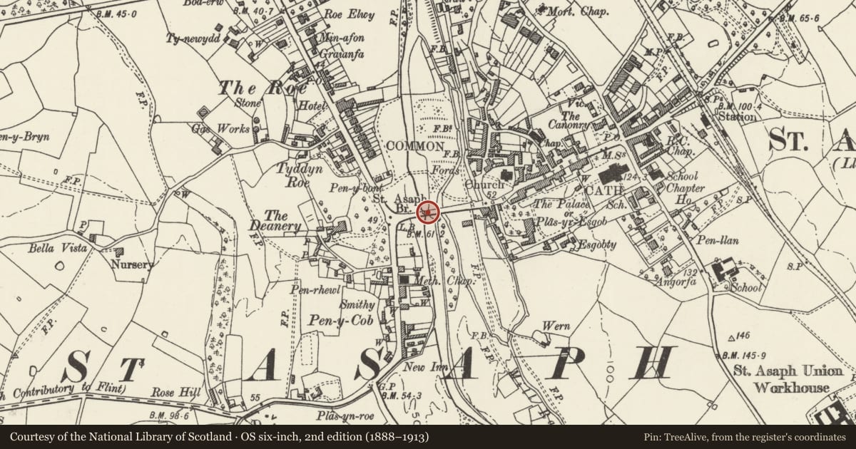 Ordnance Survey six-inch map, 2nd edition (1888–1913) covering the location of St Asaph Bridge, St. Asaph, Denbighshire, with a pin at the register's coordinates
