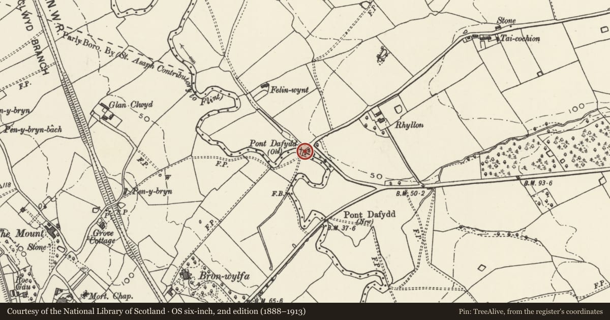 Ordnance Survey six-inch map, 2nd edition (1888–1913) covering the location of Pont Dafydd (old), Waen, Denbighshire, with a pin at the register's coordinates
