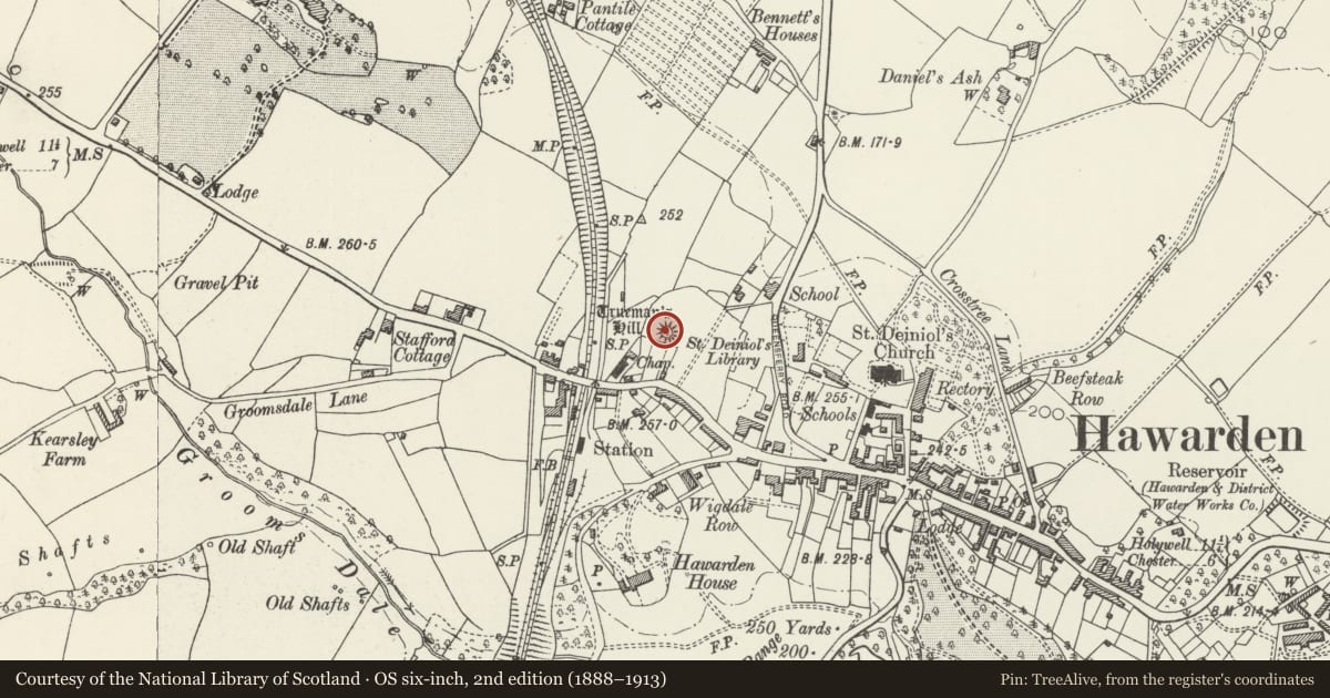 Ordnance Survey six-inch map, 2nd edition (1888–1913) covering the location of Trueman's Hill motte, Hawarden, Flintshire, with a pin at the register's coordinates