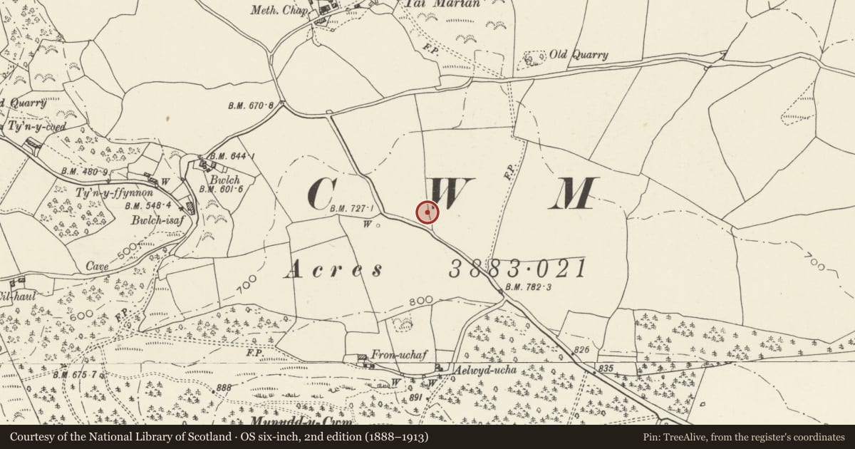 Ordnance Survey six-inch map, 2nd edition (1888–1913) covering the location of Round Barrow 400m SE of Tai Marian, Cwm, Denbighshire, with a pin at the register's coordinates
