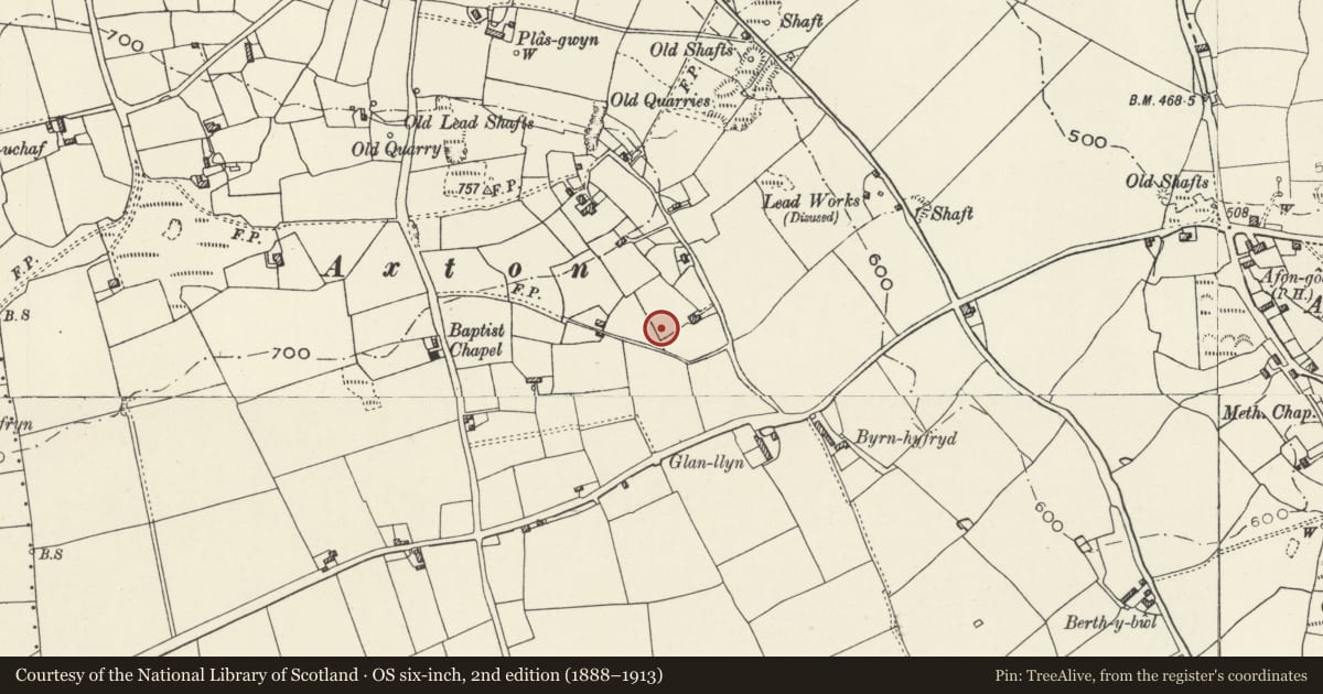 Ordnance Survey six-inch map, 2nd edition (1888–1913) covering the location of Round Barrow 270m E of Axton Baptist Chapel, Llanasa, Flintshire, with a pin at the register's coordinates