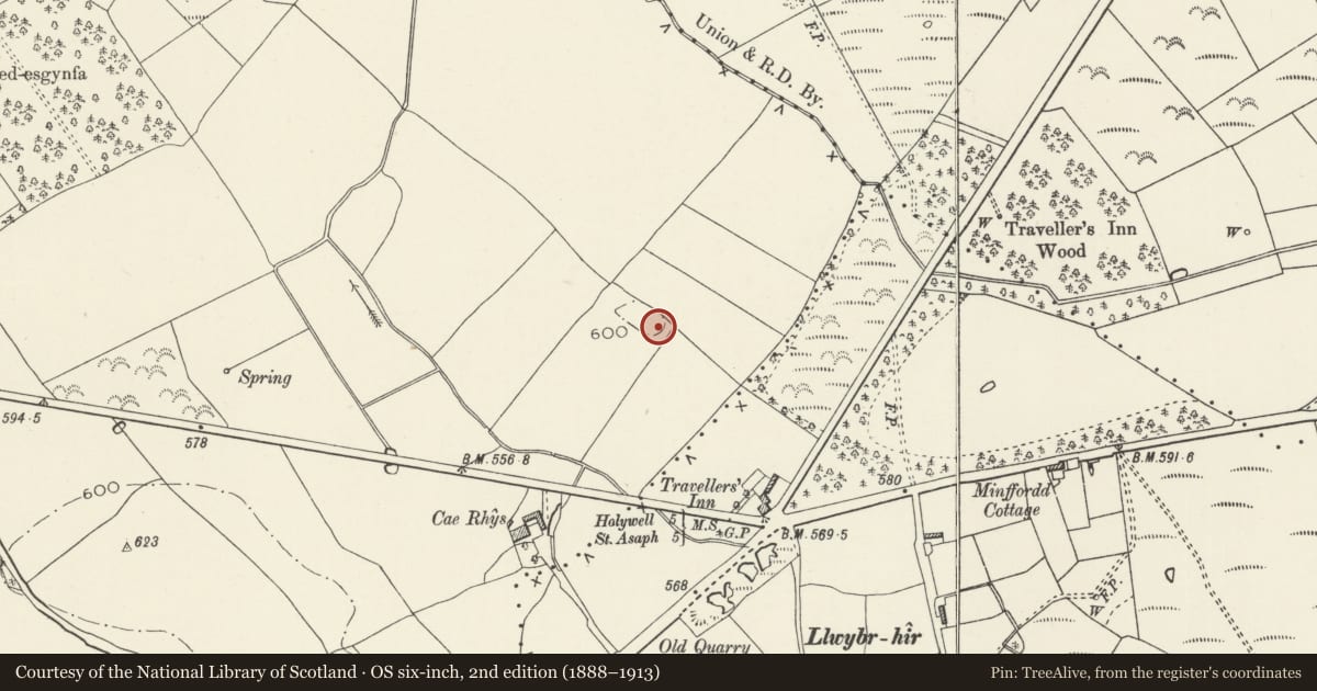 Ordnance Survey six-inch map, 2nd edition (1888–1913) covering the location of Round Barrow 270m NW of Traveller's Inn, Tremeirchion, Denbighshire, with a pin at the register's coordinates