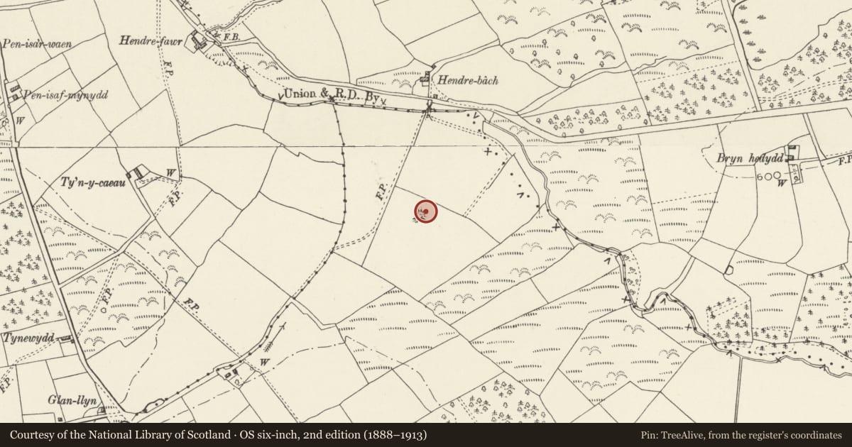 Ordnance Survey six-inch map, 2nd edition (1888–1913) covering the location of Round Barrow 800m NE of Criafol Farm, Tremeirchion, Denbighshire, with a pin at the register's coordinates