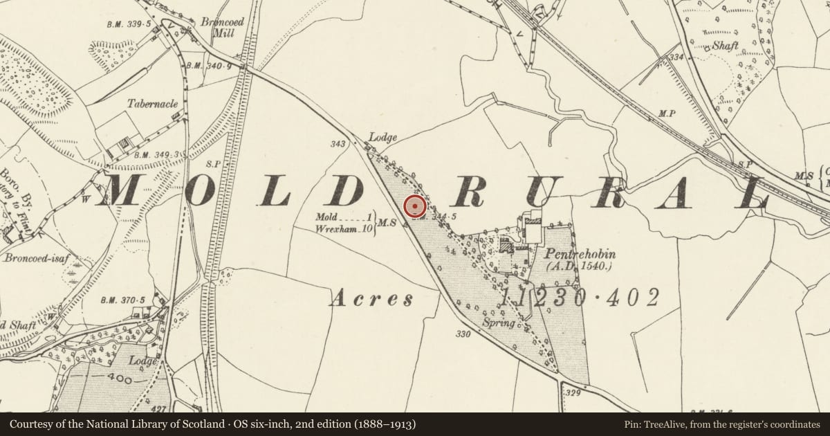 Ordnance Survey six-inch map, 2nd edition (1888–1913) covering the location of Round Barrow at Pentrehobin, Leeswood and Pontblyddyn, Flintshire, with a pin at the register's coordinates