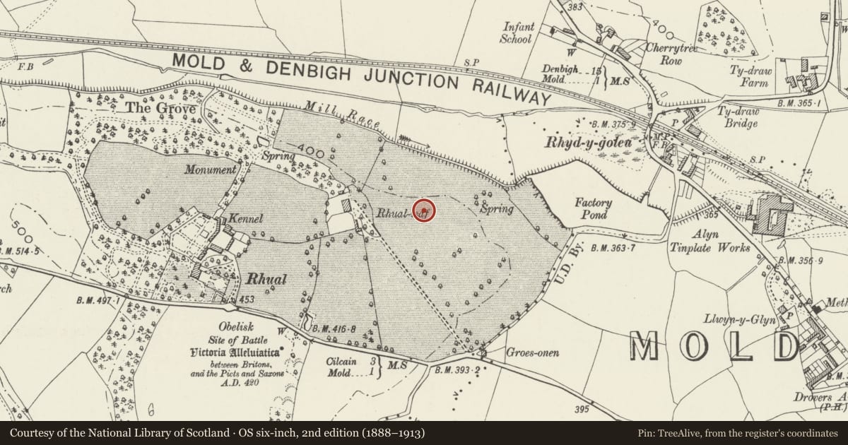 Ordnance Survey six-inch map, 2nd edition (1888–1913) covering the location of Rhual-Isaf Round Barrow, Gwernaffield with Pantmwyn, Flintshire, with a pin at the register's coordinates