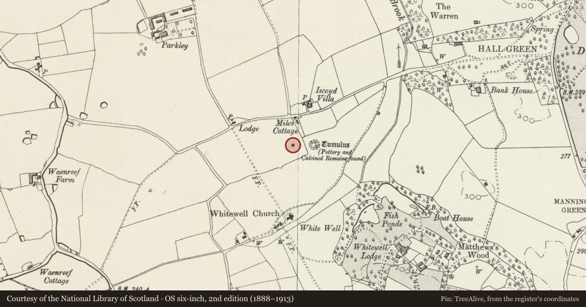 Ordnance Survey six-inch map, 2nd edition (1888–1913) covering the location of Two Round Barrows N of Whitewell Church, Bronington, Wrexham, with a pin at the register's coordinates