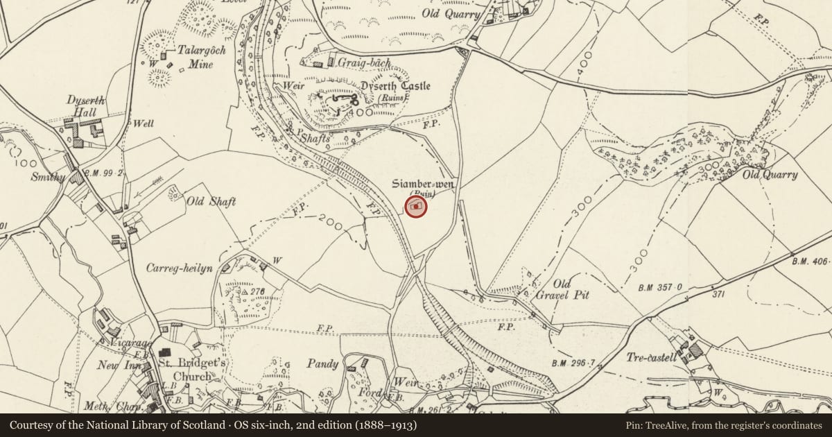 Ordnance Survey six-inch map, 2nd edition (1888–1913) covering the location of Siamber-Wen Medieval House, Dyserth, Denbighshire, with a pin at the register's coordinates
