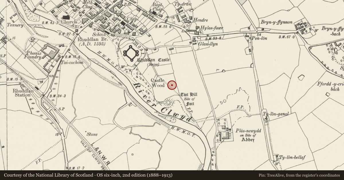 Ordnance Survey six-inch map, 2nd edition (1888–1913) covering the location of Rhuddlan Town Banks, Denbighshire, with a pin at the register's coordinates