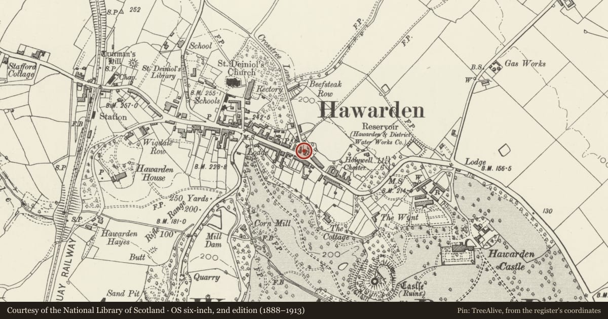 Ordnance Survey six-inch map, 2nd edition (1888–1913) covering the location of The 'Lock-Up', Hawarden, Flintshire, with a pin at the register's coordinates