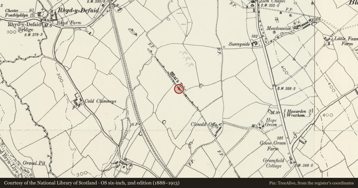 Ordnance Survey six-inch map, 2nd edition (1888–1913) covering the location of Wat's Dyke: Section NW of Clawdd Offa, Penyffordd, Flintshire, with a pin at the register's coordinates